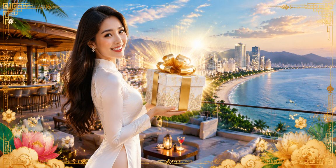 Quang cảnh casino hiện đại tại Nha Trang với người chơi mặc áo dài truyền thống